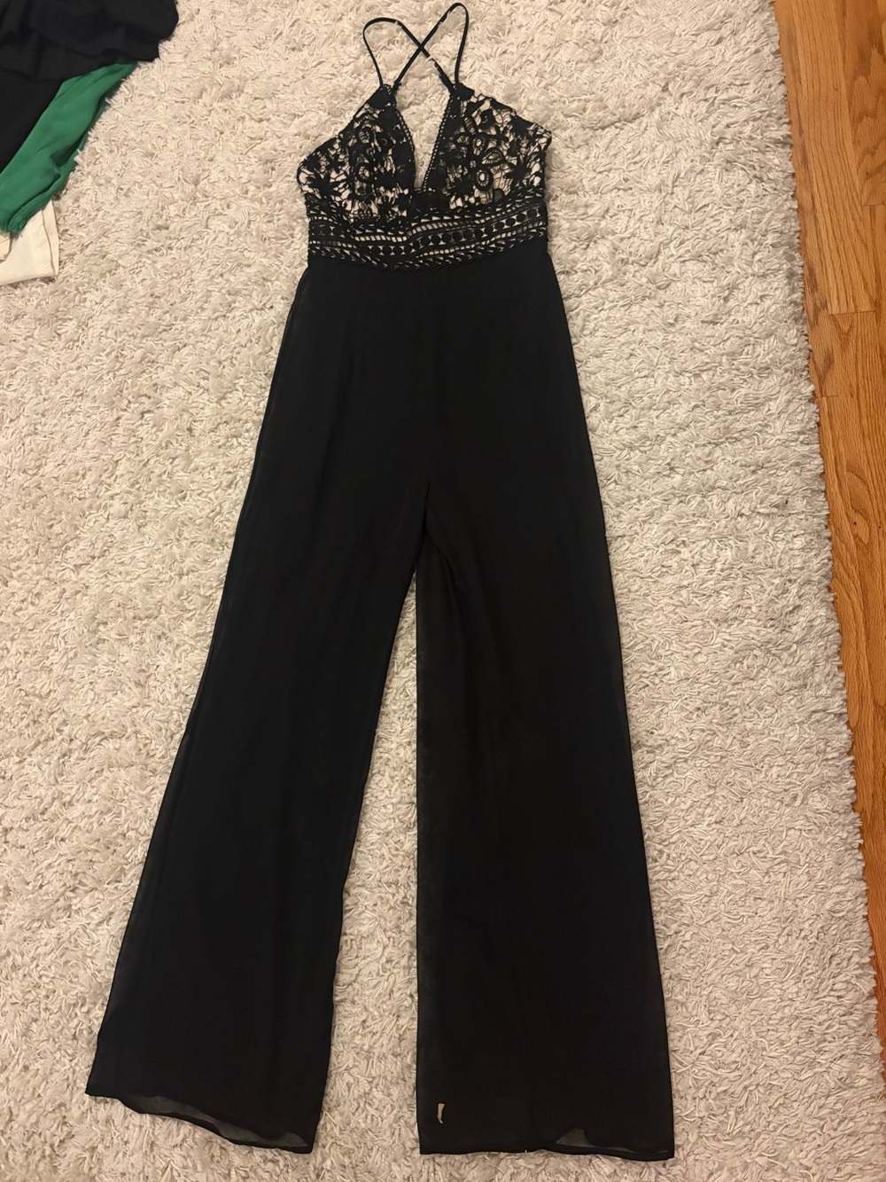 Miss Avenue Black Lace Wide Leg Jumpsuit with Open Back